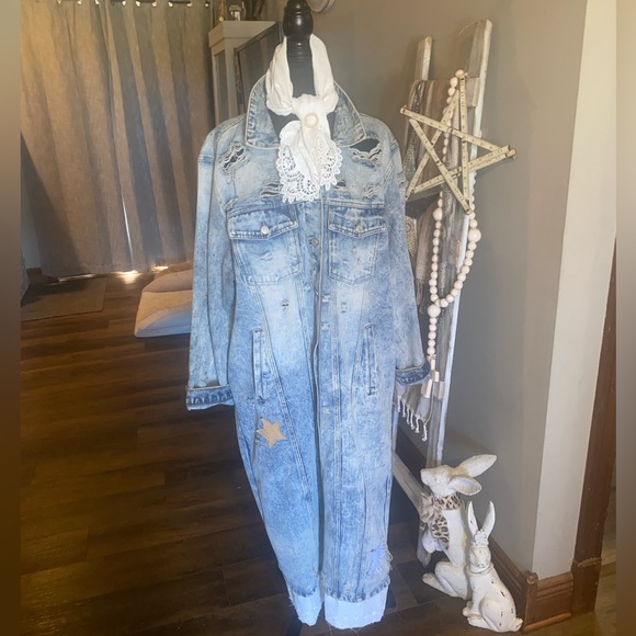 Vintage Upcycled Maxi Denim Jacket Primitive Moon & Stars Boho Shabby Country 3X - Picture 8 of 16